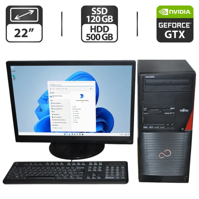 Комплект ПК: Fujitsu Celsius W530 Tower / Intel Core i5-4590 (4 ядра по 3.3 - 3.7 GHz) / 16 GB DDR3 / 120 GB SSD + 500 GB HDD / nVidia GeForce GTX 550 Ti, 4 GB GDDR5, 128-bit + Монітор Б-клас AOC / 22" (1680x1050) TN + Нові клавіатура, мишка, кабелі б/в - зображення 1