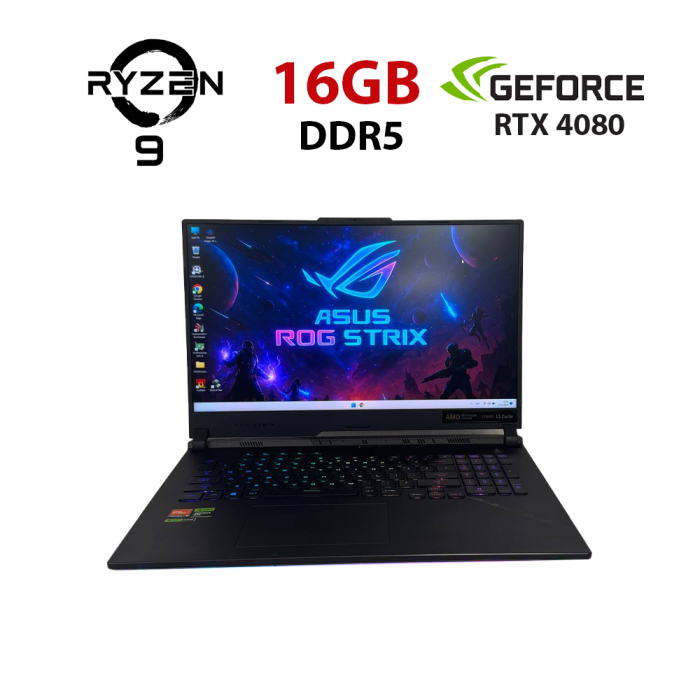 Ігровий ноутбук Б-класу Asus ROG Strix SCAR 17 G733PZV / 17.3" (2560x1440) IPS / AMD Ryzen 9 7945HX (16 (32) ядра по 2,5 - 5,4 ГГц) / 16 ГБ DDR5 / 512 ГБ SSD M.2 / nVidia GeForce RTX 4080, 12 ГБ GDDR6X, 192-bit / WebCam б/в - зображення 1