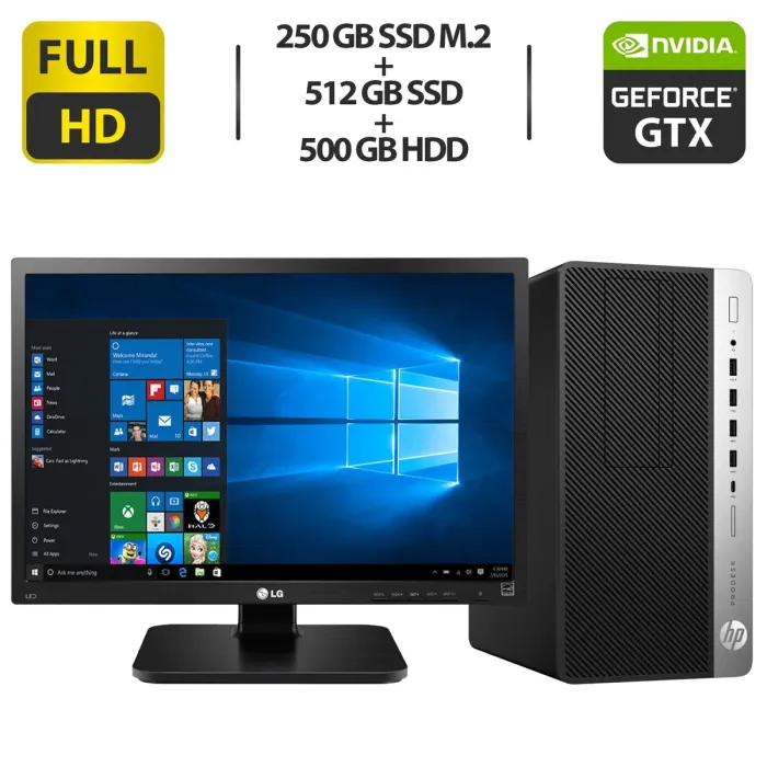 Комплект ПК: HP 600 G4 Tower / Intel Core i5-8400 (6 ядер по 2.8 - 4.0 GHz) / 16 GB DDR4 / 250 GB SSD M.2 + 512 GB SSD + 500 GB HDD / nVidia GeForce GTX 1050 Ti, 4 GB GDDR5, 128-bit + Монітор LG 24MB37PM-B / 24" (1920x1080) б/в - зображення 1