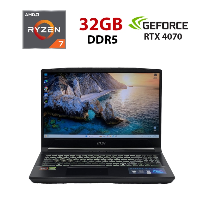 Ігровий ноутбук Б-класу MSI Katana A15 AI B8V MS-158N / 15.6" (2560x1440) IPS / AMD Ryzen 7 8845HS (8 (16) ядер по 3,8 - 5,1 ГГц) / 32 ГБ DDR5 / 960 ГБ SSD / nVidia GeForce RTX 4070, 8 ГБ GDDR6, 128-bit / WebCam б/в - зображення 1