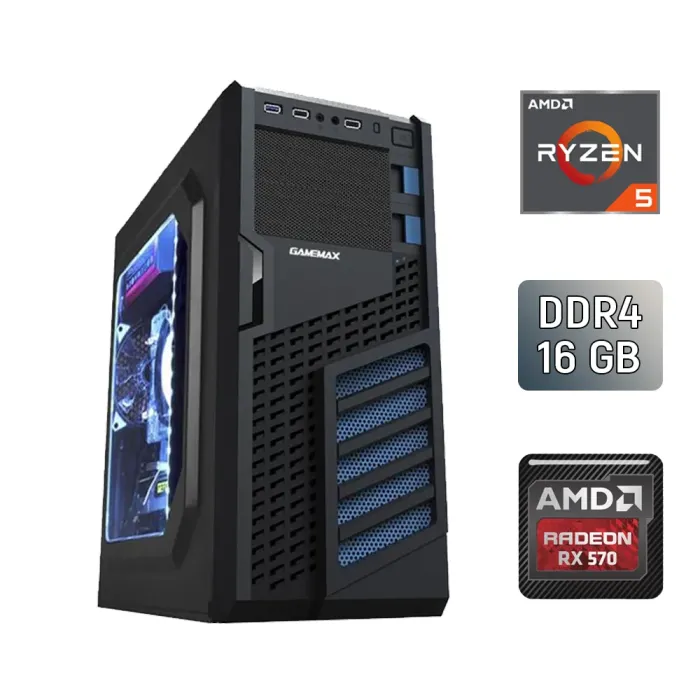 Ігровий ПК GameMax MT521-NP / AMD Ryzen 5 2600 (6 (12) ядер по 3.4 - 3.9 GHz) / 16 GB DDR4 / 128 GB SSD + 1000 GB HDD / AMD Radeon RX 570, 8 GB GDDR5, 256-bit / 500 W / Asus Prime A520M-K б/в - зображення 1