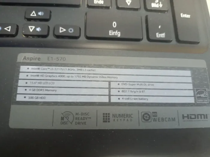 Ноутбук Acer Aspire E1-570G / 15.6" (1366x768) TN / Intel Core i3-3217U (2 (4) ядра по 1.8 GHz) / 4 GB DDR3 / 500 GB HDD / Intel HD Graphics 4000 / WebCam / VGA б/в - зображення 4