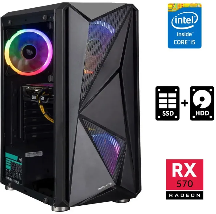 Ігровий ПК DTop i747 RGB SSD Tower / Intel Core i5-4590 (4 ядра по 3.3 - 3.7 GHz) / 16 GB DDR3 / 120 GB SSD + 500 GB HDD / AMD Radeon RX 570, 4 GB GDDR5, 256-bit / 450W - зображення 1