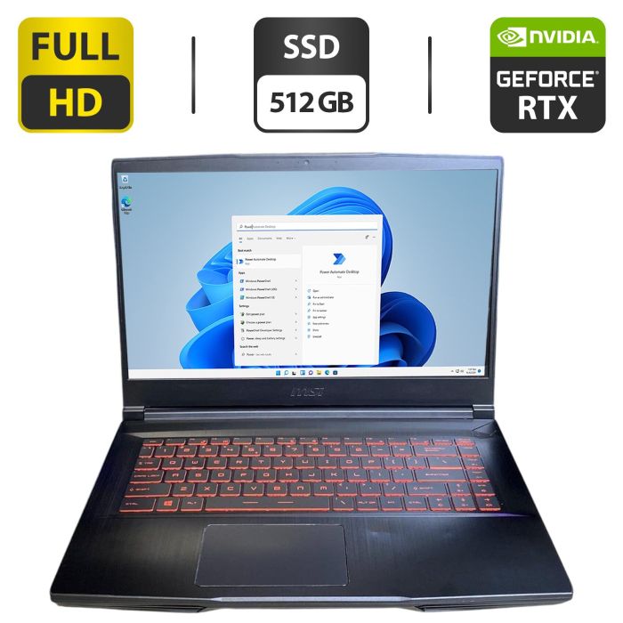 Ігровий ноутбук Б-клас MSI GF65 / 15.6" (1920x1080) IPS / Intel Core i5-9300H (4 (8) ядра по 2.4 - 4.1 GHz) / 8 GB DDR4 / 512 GB SSD / nVidia GeForce RTX 2060, 6 GB GDDR6, 192-bit / WebCam б/в - зображення 1