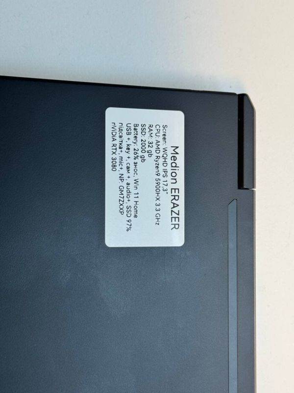 Ігровий ноутбук Б-класу Medion Erazer Beast X25-MD 63835 / 17,3" (1920x1080) IPS / AMD Ryzen 9 5900HX (8 (16) ядер по 3,3 - 4,6 ГГц) / 32 ГБ DDR4 / 2000 ГБ SSD NVMe / nVidia GeForce RTX 3080, 16 ГБ GDDR6, 256-біт / WebCam б/в - зображення 8