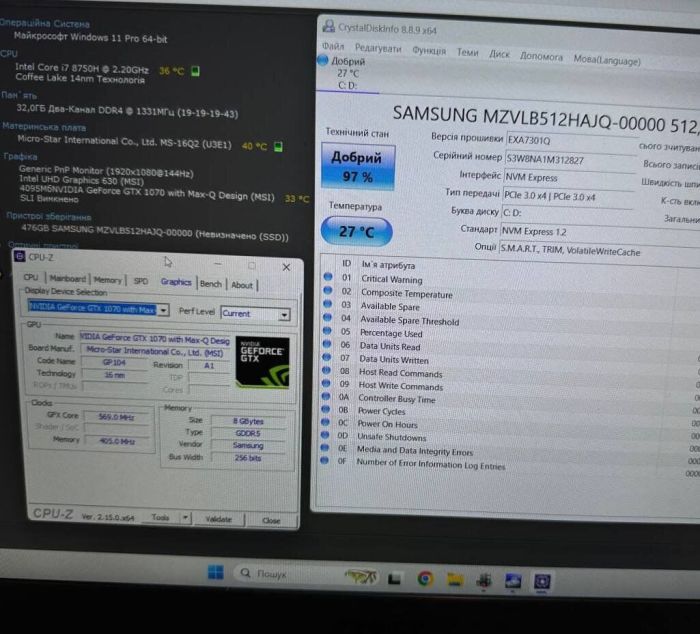 Ігровий ноутбук Б-клас MSI GS65 Stealth Thin 8RF / 15.6" (1920x1080) IPS / Intel Core i7-8750H (6 (12) ядер по 2.2 - 4.1 GHz) / 32 GB DDR4 / 512 GB SSD / nVidia GeForce GTX 1070 Max-Q, 8 GB GDDR5, 256-bit / WebCam / Win 11 Pro б/в - зображення 14
