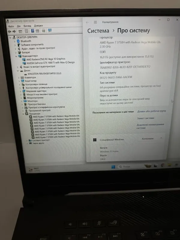 Ігровий ноутбук Б-клас Asus ROG Zephyrus GA502DU / 15.6" (1920x1080) IPS / AMD Ryzen 7 3750H (4 (8) ядра по 2.3 - 4.0 GHz) / 16 GB DDR4 / 512 GB SSD / GeForce GTX 1660 Ti Max-Q, 6 GB GDDR6, 192-bit б/в - зображення 8