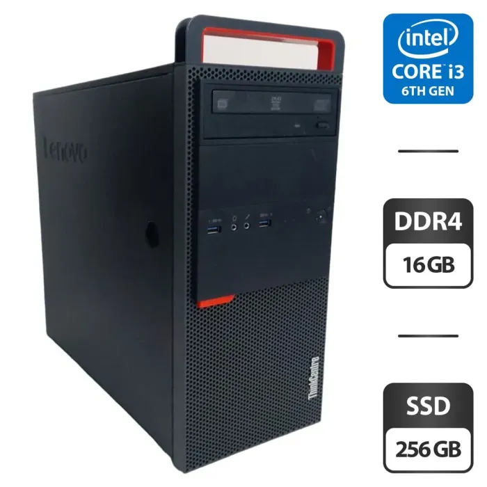 Комп'ютер Lenovo ThinkCentre M800 Tower / Intel Core i3-6100 (2 (4) ядра по 3.7 GHz) / 16 GB DDR4 / 256 GB SSD / Intel HD Graphics 530 / 350W / DVD-ROM + Мишка, кабель живлення, перехідник з DisplayPort на DVI б/в - зображення 1