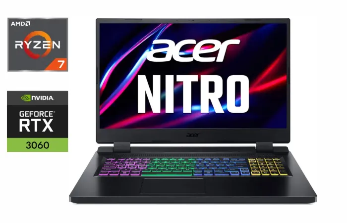 Ігровий ноутбук Acer Nitro 5 AN517-42 / 17.3" (1920x1080) IPS / AMD Ryzen 7 6800H (8 (16) ядер по 3.2 - 4.7 GHz) / 16 GB DDR4 / 512 GB SSD / nVidia GeForce RTX 3060, 6 GB GDDR6, 192-bit / WebCam / Windows 10 б/в - зображення 1
