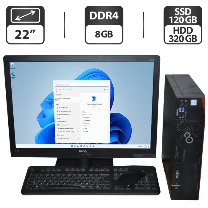 Комплект ПК: Fujitsu D757 E90 SFF / Intel Core i5-6500 (4 ядра по 3.2 - 3.6 GHz) / 8 GB DDR4 / 120 GB SSD + 320 GB HDD / Intel HD Graphics 530 / DVD-ROM + Монітор Б-клас BenQ BL2201PT / 22" (1680x1050) TN + Windows 11 Pro б/в - зображення 1