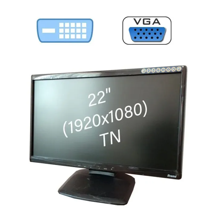 Монітор Широкоформатний Iiyama E2208HDS / 22" (1920x1080) TN / 1x DVI, 1x VGA, 1x Audio Port / Вбудовані колонки 2x 1W б/в - зображення 1