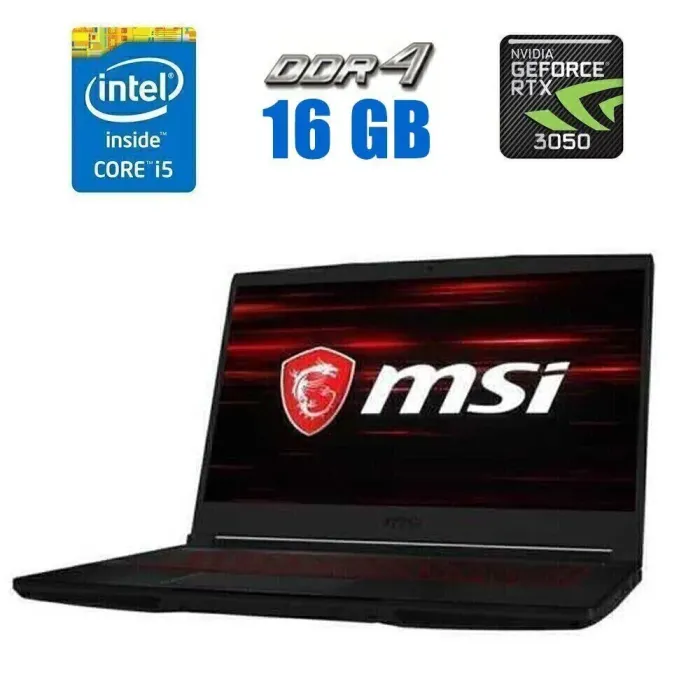 Ігровий ноутбук MSI GF63 Thin 10UC-440US / 15.6" (1920x1080) IPS / Intel Core i5-10500H (6 (12) ядер по 2.5 - 4.5 GHz) / 16 GB DDR4 / 480 GB SSD / nVidia GeForce RTX 3050, 4 GB GDDR6, 128-bit / WebCam б/в - зображення 1
