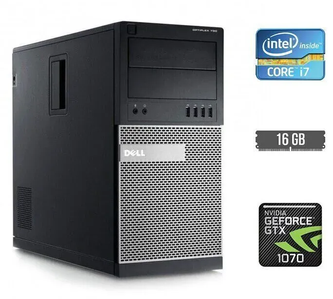 Ігровий ПК Dell OptiPlex 790 Tower / Intel Core i7-2600 (4 (8) ядра по 3.4 - 3.8 GHz) / 16 GB DDR3 / 240 GB SSD + 1000 GB HDD / nVidia GeForce GTX 1070, 8 GB GDDR5, 256-bit б/в - зображення 1