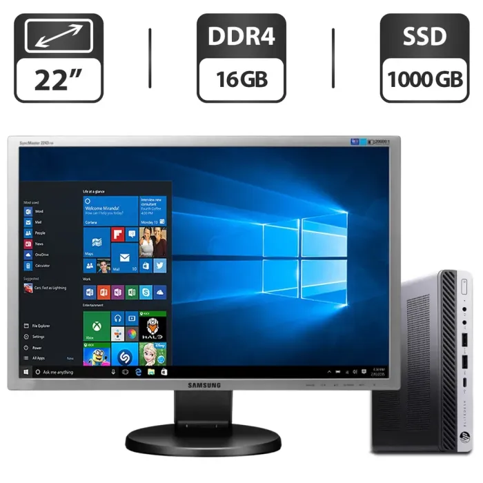 Комплект ПК: HP EliteDesk 800 G3 Desktop Mini USFF / Intel Core i5-6500T (4 ядра по 2.5 - 3.1 GHz) / 16 GB DDR4 / 1000 GB SSD / Intel UHD Graphics 630 + Монітор Б-клас 22" (1680x1050) TN б/в - зображення 1