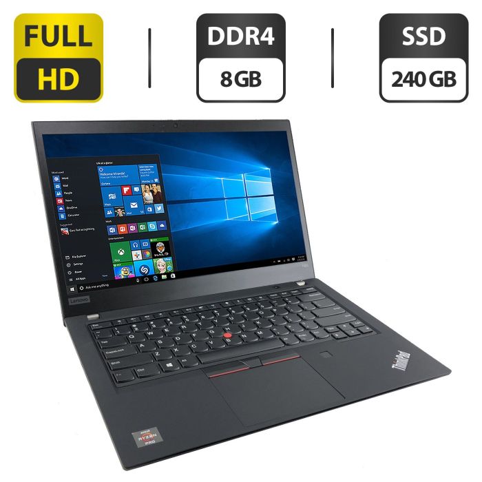 Ноутбук Lenovo ThinkPad T495 / 14" (1920x1080) IPS / AMD Ryzen 3 Pro 3300U (4 ядра по 2.1 - 3.5 GHz) / 8 GB DDR4 / 240 GB SSD M.2 / AMD Radeon Vega 6 Graphics / WebCam б/в - зображення 1