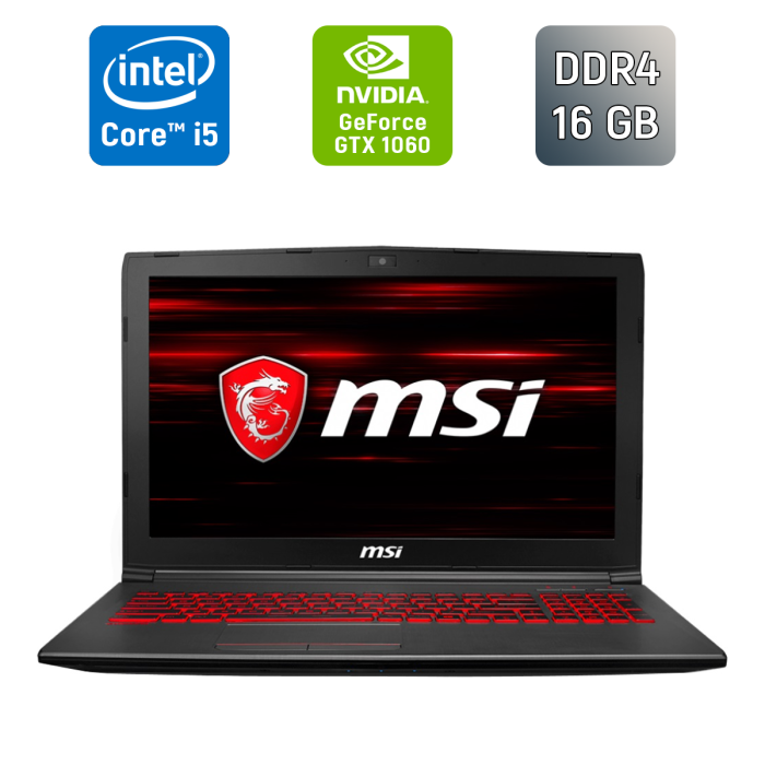 Ігровий ноутбук MSI GV62 8RE / 15,6" (1920x1080) IPS / Intel Core i5-8300H (4 (8) ядра по 2,3 - 4,0 ГГц) / 16 ГБ DDR4 / 512 ГБ SSD / nVidia GeForce GTX 1060, 3 ГБ GDDR5, 192-біт / Веб-камера / HDMI б/в - зображення 1