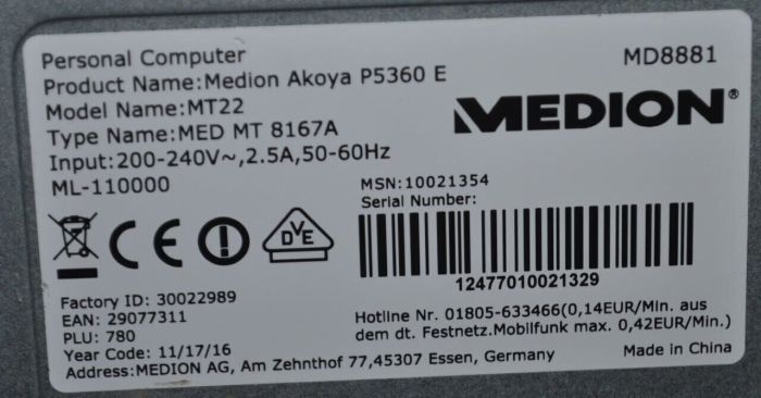 Комп'ютер Medion Akoya P5360 E-MT22 Tower / Intel Core i5-6402P (4 ядра по 2,8 - 3,4 ГГц) / 16 ГБ DDR4 / 128 ГБ SSD + 4000 ГБ HDD / Intel HD Graphics 510 / DVD-ROM / Windows 11 Home б/в - зображення 7