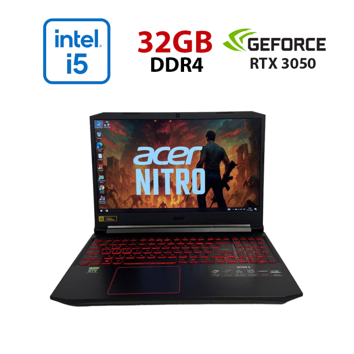 Ігровий ноутбук Acer Nitro 5 AN515-55 / 15,6" (1920x1080) IPS / Intel Core i5-10300H (4 (8) ядра по 2,5 - 4,5 ГГц) / 32 ГБ DDR4 / 256 ГБ SSD + 512 ГБ SSD / nVidia GeForce RTX 3050, 4 ГБ GDDR6, 128-біт / WebCam б/в - зображення 1