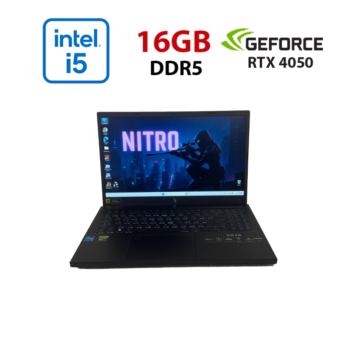 Ігровий ноутбук Aser Nitro V15 ANV15-51 / 15,6" (1920x1080) IPS / Intel Core i5-13420H (8 (12) ядер по 3,4 - 4,6 ГГц) / 16 ГБ DDR5 / 512 ГБ SSD / nVidia GeForce RTX 4050, 6 ГБ GDDR6, 96-біт / Веб-камера б/в - зображення 1